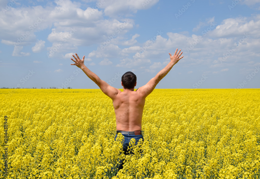 Free man in the field. The man raised his hands up. Field of flowering rape. Free man in the field. The man raised his hands up. Field of flowering rape.