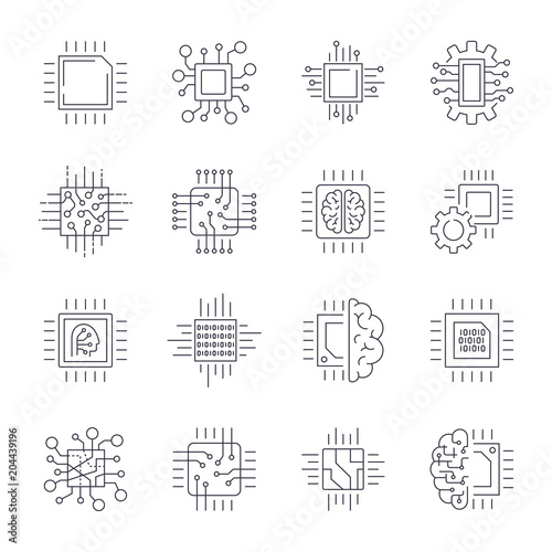 CPU Microprocessor and Chips Icons Set. Vector. Editable Stroke