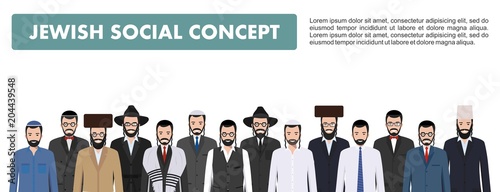 Family and social concept. Group adults jewish men standing together in different traditional clothes in flat style. Israel people. Differences Israelis in the national dress. Vector illustration.