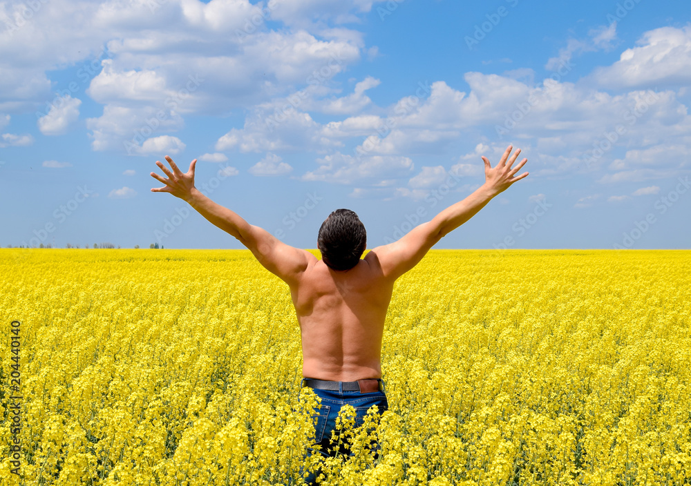 Free man in the field. The man raised his hands up. Field of flowering rape. Free man in the field. The man raised his hands up. Field of flowering rape.