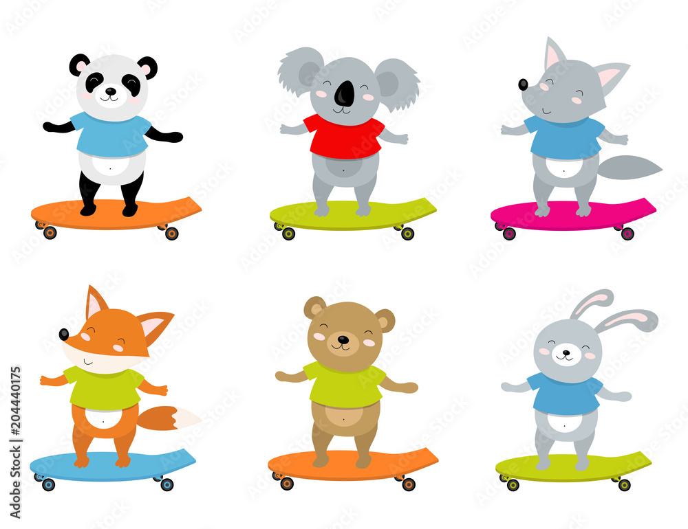 Vector illustration of sporty animals on a skate. Perfect for postcard, baby book, poster, banner. Panda, bear, rabbit, wolf, fox, koala Vector illustration of sporty animals on a skate. Perfect for postcard, baby book, poster, banner. Panda, bear, rabbit, wolf, fox, koala
