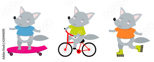 Vector illustration of sporty wolf on a bicycle, roller skates, skate. Perfect for postcard, baby book, poster, banner