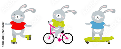 Vector illustration of sporty rabbit on a bicycle, roller skates, skate. Perfect for postcard, baby book, poster, banner
