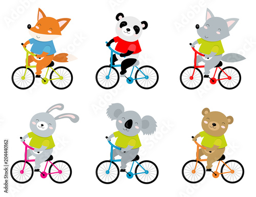 Vector illustration of sporty animals on a bicycle. Perfect for postcard, baby book, poster, banner. Panda, bear, rabbit, wolf, fox, koala