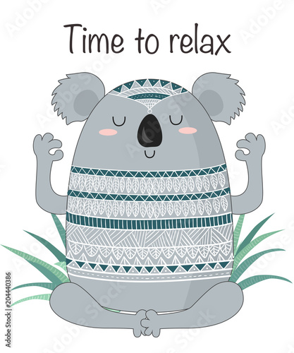 Vector cartoon sketch meditative koala illustration with motivation phrase photo