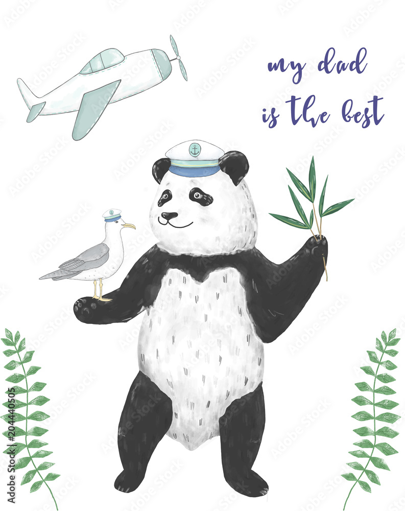 Plakat Best Dad, Happy Fathers Day, white background with blue clouds. Greeting card template. Panda digital clip art. Geometric giftcard. Best father. Captain Bear. Dreamer dad. Text data ready card.