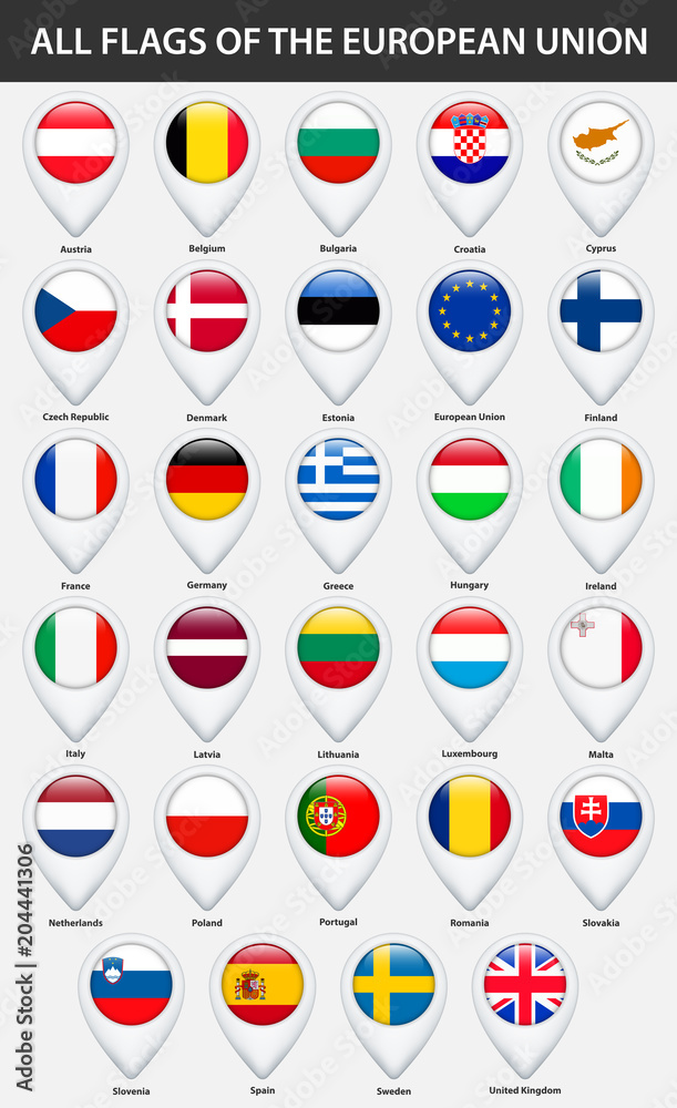 All flags of the countries of the European Union. Pin map pointer glossy style. All flags of the countries of the European Union. Pin map pointer glossy style.