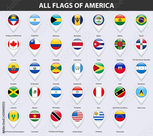 All flags of the countries of America. Pin map pointer glossy style.