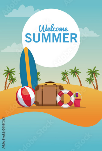 Luggage fith surf and beach ball vector illustration graphic design photo