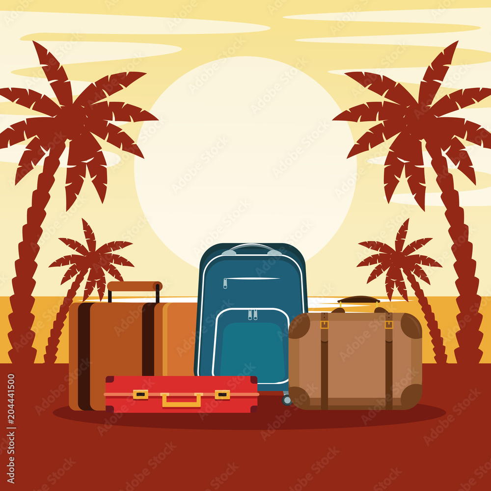 Obraz premium Travel luggage in beachscape vector illustration graphic design