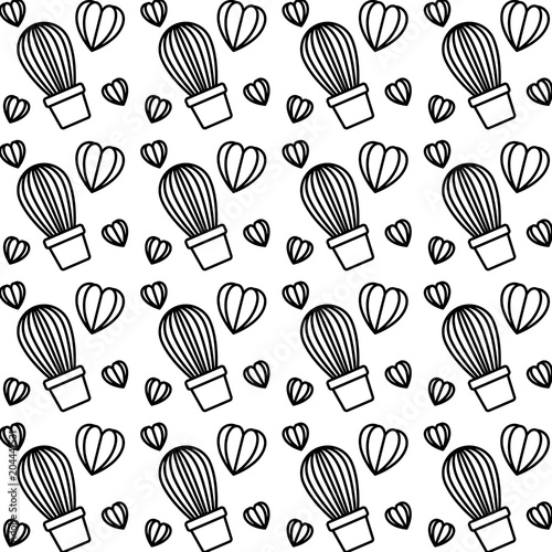 cactus in pots and hearts pattern background vector illustration design
