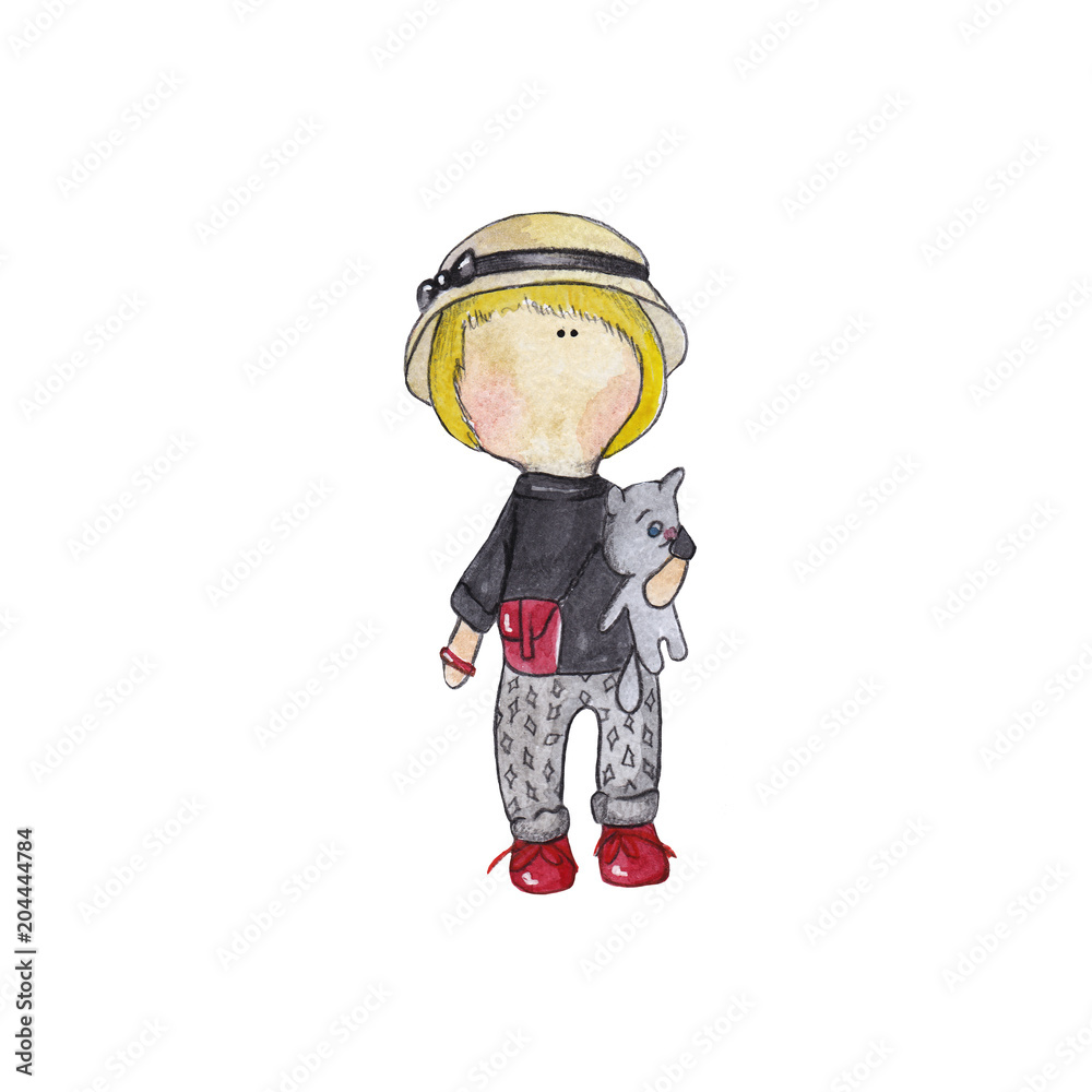 Doll Watercolor illustration with cat in hand and red boots Doll Watercolor illustration with cat in hand and red boots