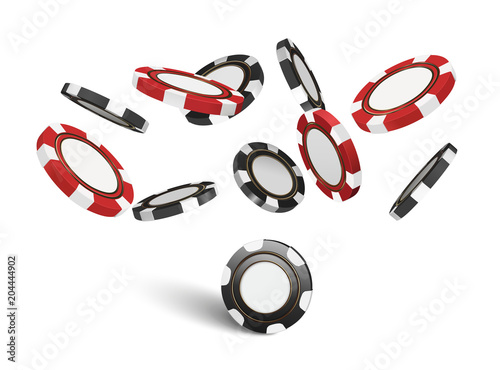 Casino red and black chips isolated on white realistic vector 3d objects. Online casino banner. Red and black realistic chip in the air. Gambling concept, poker mobile app icon