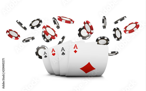Playing cards and poker chips fly casino. Concept on white background. Poker casino vector illustration. Red and black realistic chip in the air. Gambling concept, poker mobile app icon