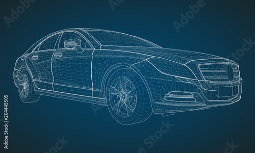 The model sports a premium sedan. Vector illustration in the form of a white polygonal triangular grid on a blue background.