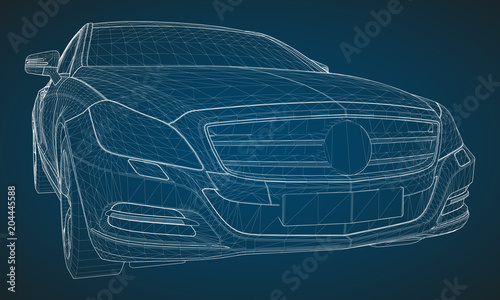 The model sports a premium sedan. Vector illustration in the form of a white polygonal triangular grid on a blue background.