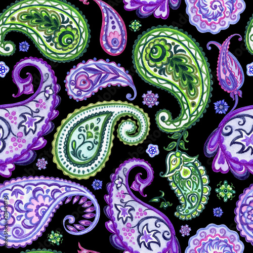 Seamless pattern from paisley, watercolor drawing. Oriental ethnic ornament of buta