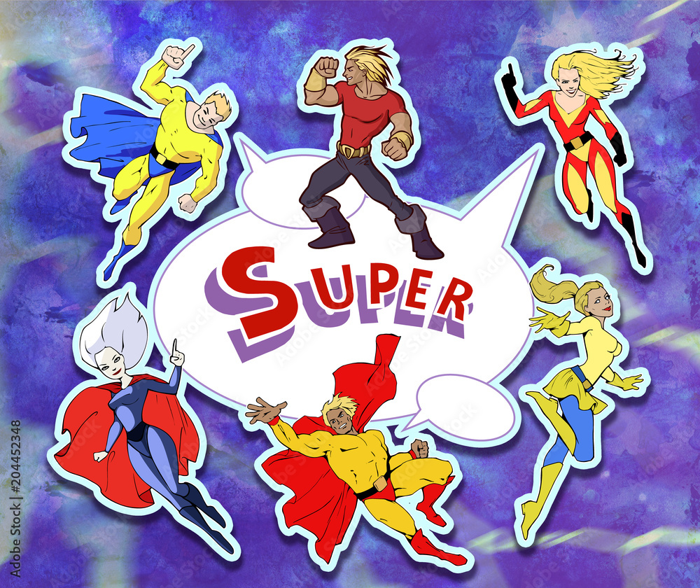 Bright and colorful cartoon set of funny and awesome team of amazing super characters in cool costumes