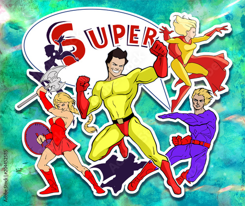 Bright and colorful cartoon set of funny and awesome team of amazing super characters in cool costumes