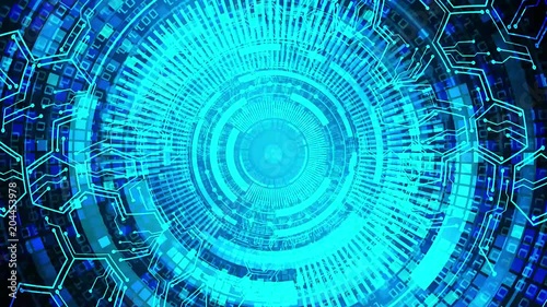 binary circuit board future technology, blue eye cyber security concept background, abstract hi speed digital internet.motion move blur. pixel