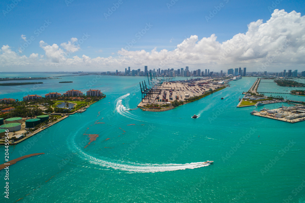 Aerial Biscayne Bay and Port Miami