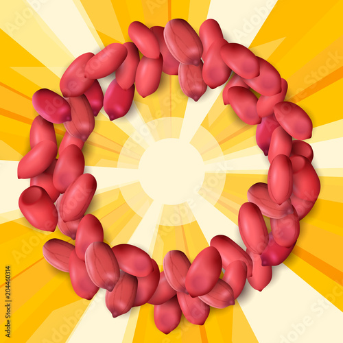 Arachis or peanuts background with red scattered nuts and beans