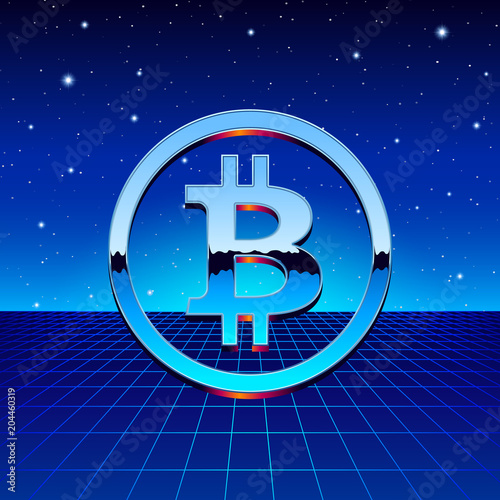 Bitcoin chrome sign with sci-fi futuristic neon grid