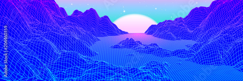 Neon grid landscape and sun with 80s arcade game style