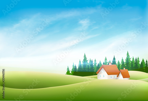 Summer nature landscape with village house, green grass and blue sky. Vector