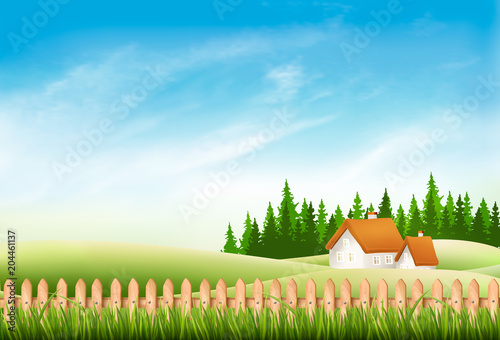 Summer nature landscape with village house, green grass and fence. Vector