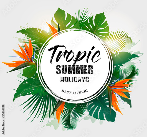 Summer Holiday Background With Tropical Plants And Coloful Flowers. Vector