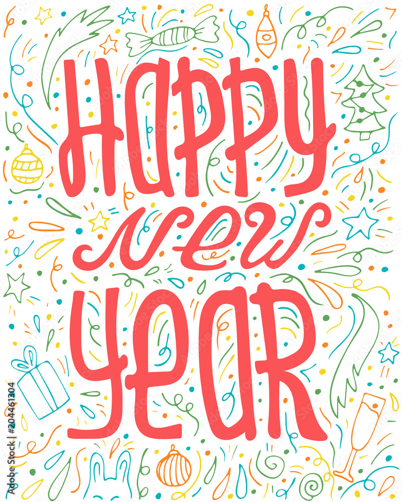 Unique hand-drawn lettering with doodles - Happy new year.