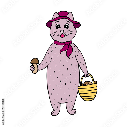 Colorful hand-drawn cat mushroom picker with a basket with mushrooms.