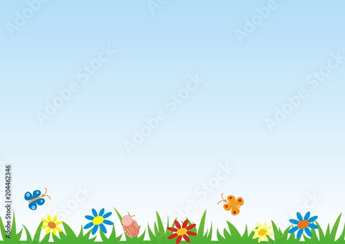 meadow, butterflies, flowers and beetles, vector background