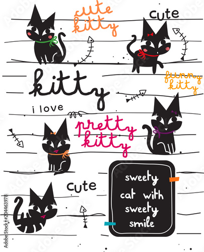 Naklejka ładny czarny kot doodle wektor