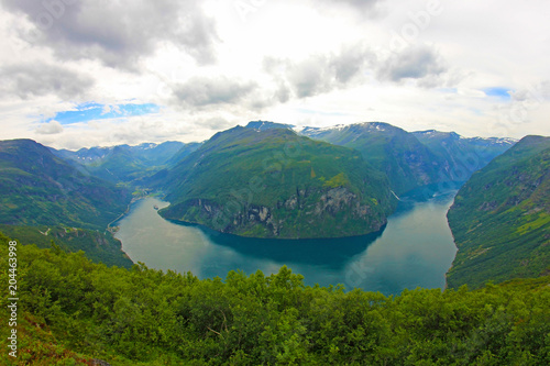 Geiranger Fjord, Beautiful view to the this branch of the Sunnylvsfjord, fish eye perspective, Norway, Europe