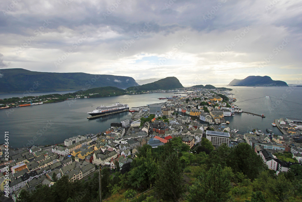 Panoramic cityscape of beautiful Alesund, Norway, Europe