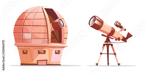 Vector cartoon astronomy discovery equipment set. Observatory dome with radio telescope and telescope on tripod. Illustration with optical cosmos objects - planets, stars galaxy observation tools.