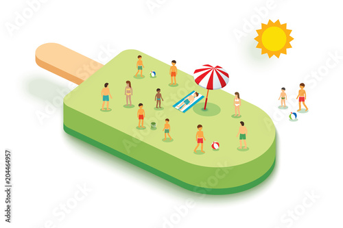 Ice cream for summer. Vacation concept with people on green background. Design paper art style.
