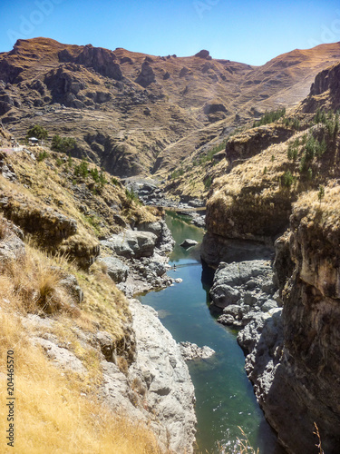 Q'eswachaca, a bridge made of grass, hanging over the Apurimac river, Quehue, Cusco, Peru