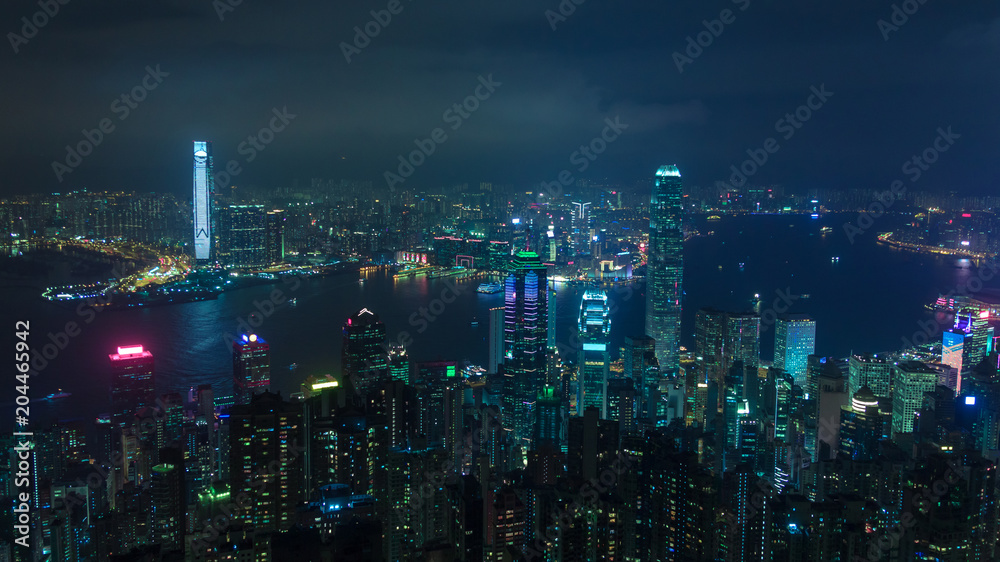 View on Hong Kong city at night with cyberpunk style