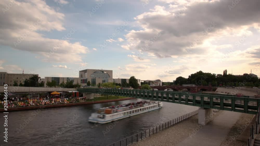 Berlin time lapse, pan over river spree with beach bar and sightseeing boats, motion control move RL Berlin time lapse, pan over river spree with beach bar and sightseeing boats, motion control move RL