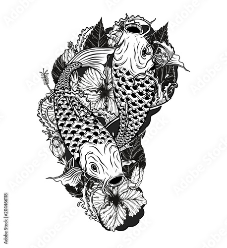Carp fish and chrysanthemum tattoo by hand drawing.Tattoo art highly detailed in line art style.