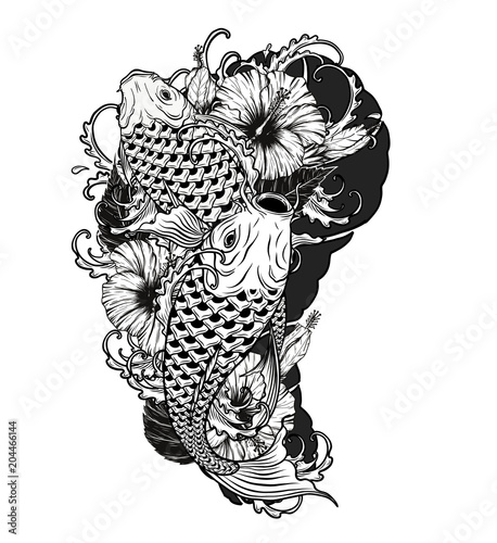 Carp fish and chrysanthemum tattoo by hand drawing.Tattoo art highly detailed in line art style.