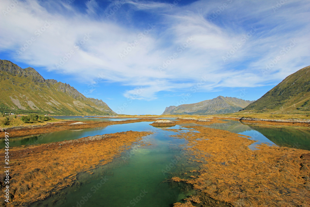 Mountain and fjord landscape, norwegian sea at Holandsmelen, Vestvagoy, Lofoten Islands, Scandinavia, Norway