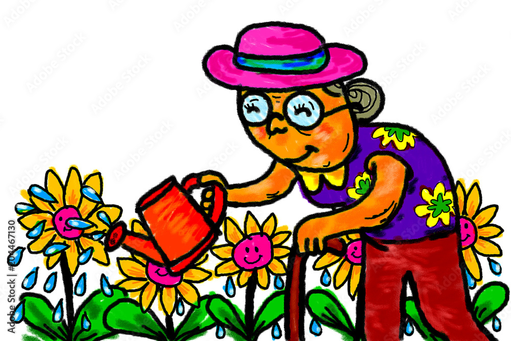 Senior Woman Gardener Watering Flowers