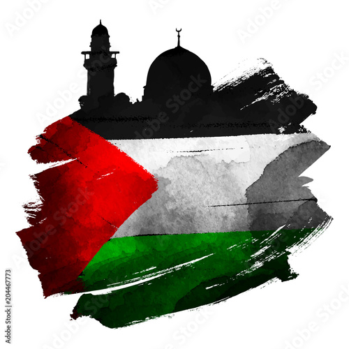 Al-Quds mosque silhouette with palestine flag on ink brush shape vector illustration