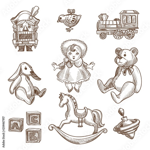 Retro toys sketch vector icons set