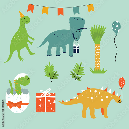 Collection of colorful flat dinosaurs with party elements.