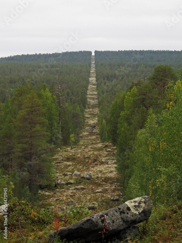 Forest corridor building the Three-Country Cairn on the border between Russia, Norway and Finland, Europe photo